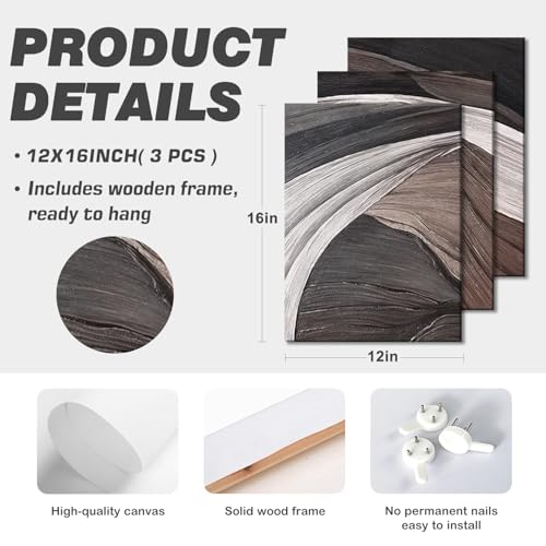 LYYGLYY 3Pcs Framed Brown and Black Canvas Wall Art 12x16 Inches - color: Flow Curve, size: 12x16 Inches