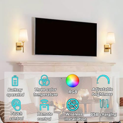 YHCDLAMP Battery Operated Wall Sconces Set of Two,Battery Operated Wall Lights with Remote, Fabric RGB Color Changing Dimmable Wall Lamp for Bedroom Living Room, Easy to Install (Color : Brass) - color: Brass