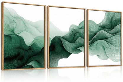 Abstract Emerald Green Waves Framed Canvas Wall Art Set-16"x24"x3 - color: Green Waves Wall Art, size: 16"Lx24"W
