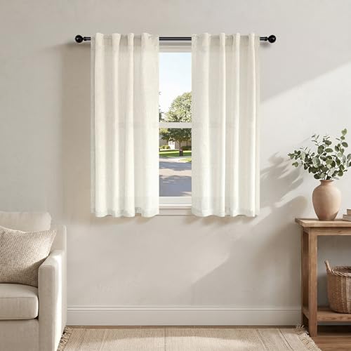 Pitalk Neutral Linen Curtains 40 Inch Length 2 Panels for Kitchen Windows Over Sink Cream Ivory Light Filtering Semi Sheer Cafe Drapes for Basement Bathroom Loft Room 34 x 40 Inch Back Tab Rod Pocket - color: Natural, size: 34"W x 40"L (Pack of 2)