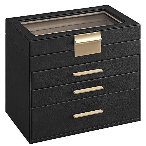 SONGMICS Jewelry Box Organizer, 4-Layer Storage with 3 Drawers, Glass Lid - color: Ink Black + Gold, size: 4 Layer (6"d X 9.9"w)