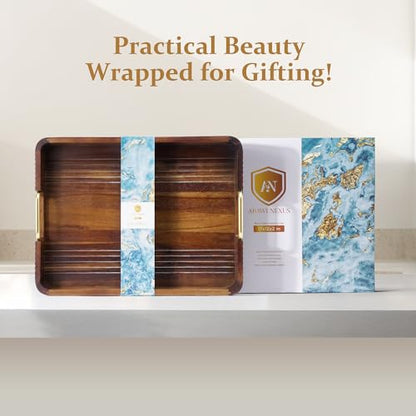 Acacia Wood Serving Tray with Metal Handle, 17x13in Tray for Ottoman - color: Dark Acacia / Gold Handle, size: 17” × 13” × 2”