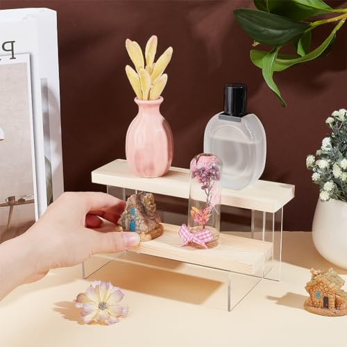 NBEADS 2-Tier Wooden Display Riser Shelf, Antique White Tabletop Small Food Stand Risers Acrylic Display Makeup Step Perfume Organizer for Cosmetics Figure Collection 3.46x7.87x4.33inch