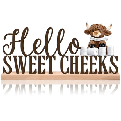 Roowest Meatal Hello Sweet Cheeks Sign Highland Cow Bathroom Decor - style: Highland Cow