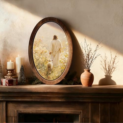 YZSLA Christian Wall Art Decor, Jesus and Lamb Rustic Framed Oval Wall Art - color: Jesus-2