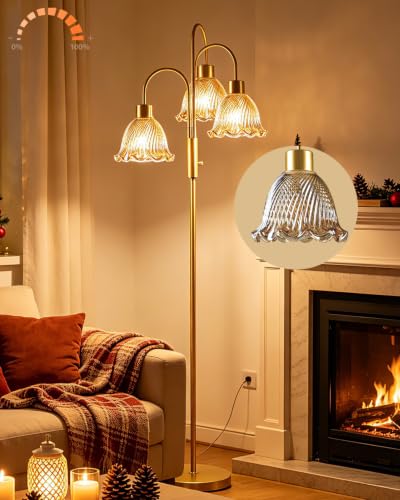 Glass Floor Lamp 3-Light 70" Amber Flower Gold Dimmable Tall Standing Lamps - color: Amber Flower-Gold
