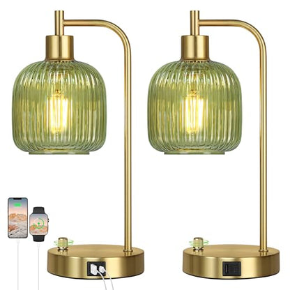Green Glass Table Lamps Set of 2, Dimmable Bedside Lamps for Living Room - color: Gold&Green