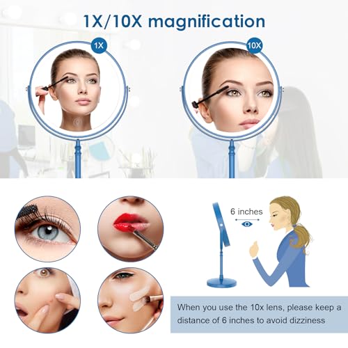 DEIOVWXS Makeup Mirror, Rechargeable Vanity Mirror with 3 Lights, 1X/10X - color: Blue