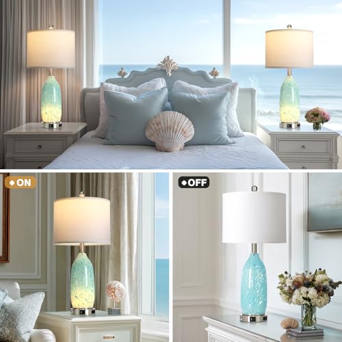 Rinweey 26" Bule Glass Table Lamps Set of 2,Nautical lamp with USB A+C Ports & AC Outlet,Coastal Bedside Lamps with 3-Way Dimmable Touch Control Night Light for Bedroom Living Room,Sky Blue - color: Sky Blue