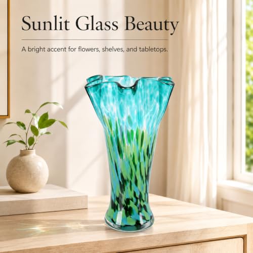 LCCCK 9.0" H Teal Green Glass Vases for Flower,Unique Hand Blown Glass Vase - color: Teal Green