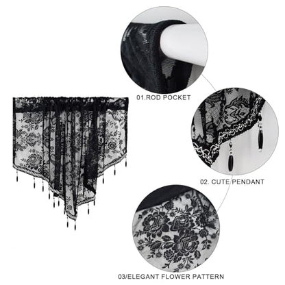 Molaxhome Swag Curtain Scalloped Curtain Valance Drape Sheer Lace Panel 1pc - color: Lace Black