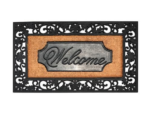 A1HC Natural Coir and Rubber Door Mat, 23" x 38", Thick Durable Welcome Doormats for Indoor Outdoor Entrance, Heavy Duty, Thin Profile Door Mat, Easy to Clean, Long Lasting, Front Door Entry Doormat - color: Black Floral Border, size: 1'11" x 3'2" (Rectan