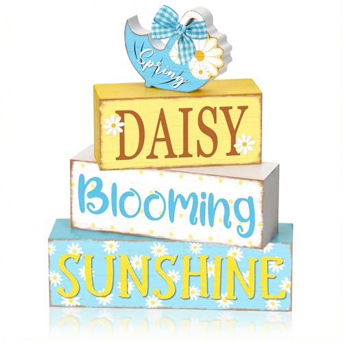 Britimes Tiered Tray Decor Set, 4 Pack, Wooden Table Sign, Daisy Spring - color: Spring Daisy