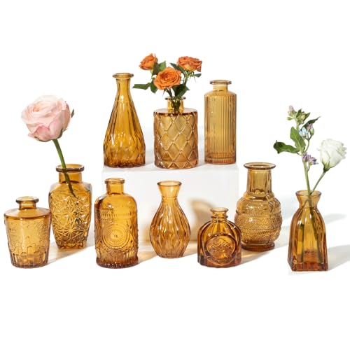 Amber Glass Bud Vases Set of 10, Boho Fall Table Centerpiece - color: Amber