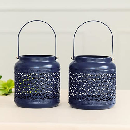 Weddingstar Small Vintage Metal Hanging Lanterns - Dark Blue - Set of 2