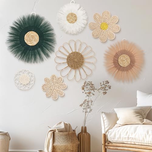 Chunful 7 Pcs Boho Wall Basket Decor Rattan Flower, Emerald Green - color: Emerald Green