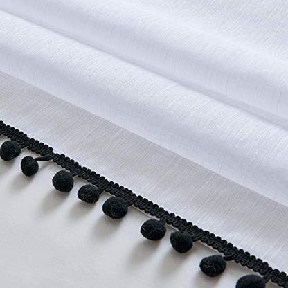 Sheer White Curtains with Black PomPom Trim for Living Room 52x84"Drape 2pc - color: White - Black, size: 52"W x 84"L (Pack of 2)