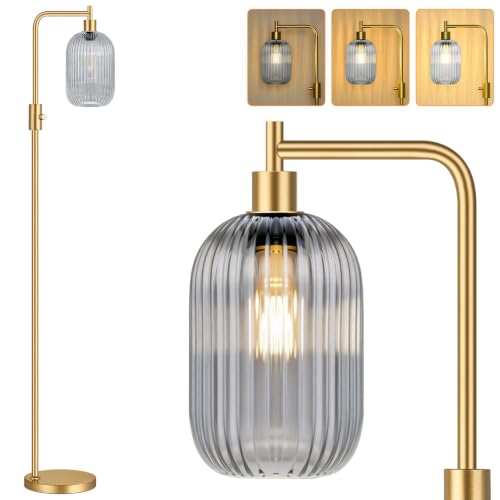 【Upgraded】 Dimmable Floor Lamp for Living Room with Gray Ribbed Glass Lampshade, Gold Modern Floor Lamp with 900LM LED Bulb Included, Arc Standing Tall Lamp for Bedroom, Office, Reading Room, Corner - color: Gray Ribbed Glass-Gold