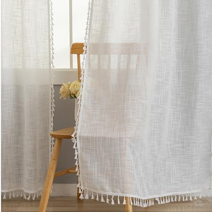 Linen Texture Boho Curtains 63 Inches Long for Bedroom Farmhouse Curtains & Drapes Country Style, 40" W x 63" L, Off White, 2 Panels - color: Off White, size: 40"W x 63"L (Pack of 2)