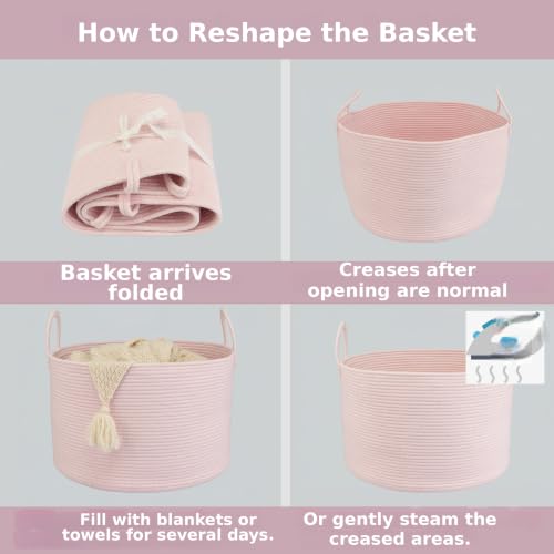 XUANGUO 66L Large Blanket Basket, Round Cotton Rope Basket, Light Pink - color: pink
