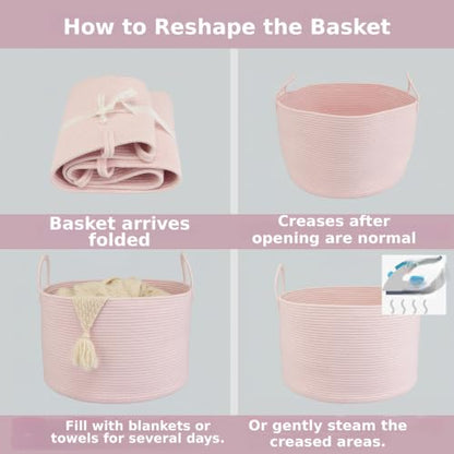 XUANGUO 66L Large Blanket Basket, Round Cotton Rope Basket, Light Pink - color: pink