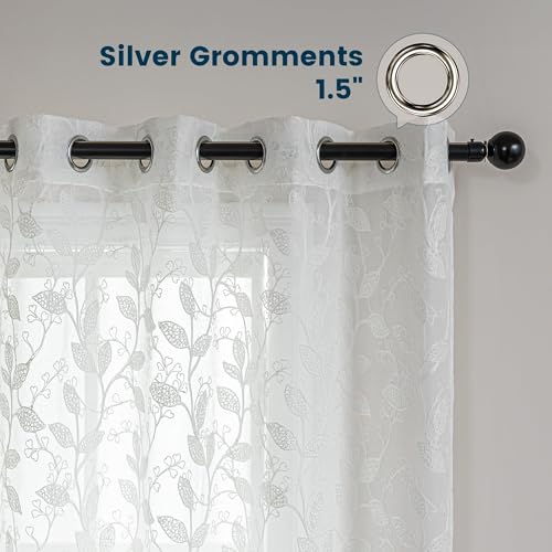 SLEEP ZONE Sheer Curtains for Living Room and Bedroom, Embroidered Sheer Curtains White Sheer Curtain 42 × 63 inch Length of 2 Panels, White Vine - color: White Vine, size: 42"W×63"L