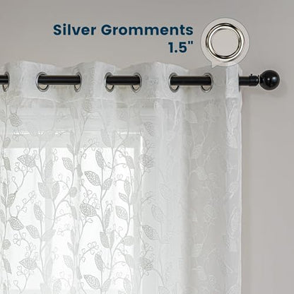 SLEEP ZONE Sheer Curtains for Living Room and Bedroom, Embroidered Sheer Curtains White Sheer Curtain 42 × 84 inches Long of 2 Panels, Off-White Vine - color: White Vine, size: 42"W×84"L