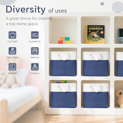 FinishingBo 11 inch Cube Storage Bin with Handles 6 Pack - color: White/Navy Blue-6 Pack