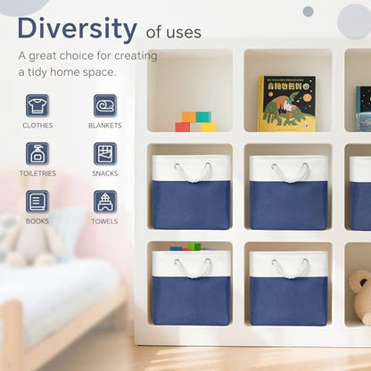 FinishingBo 11 inch Cube Storage Bin with Handles 6 Pack - color: White/Navy Blue-6 Pack