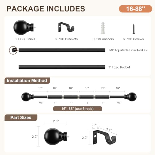 Modern Black Curtain Rods for Windows 48 to 84 Inches Drapery Rods - color: black, size: 16"-88"|1 Pack