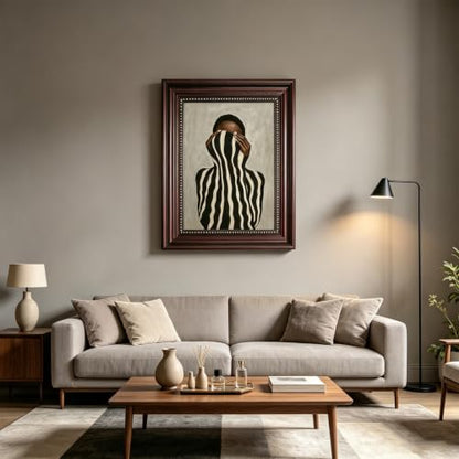 Dark Brown Framed Black and White Striped Woman Wall Art 12x16 in - color: Black White Striped, size: 16"L x 12"W
