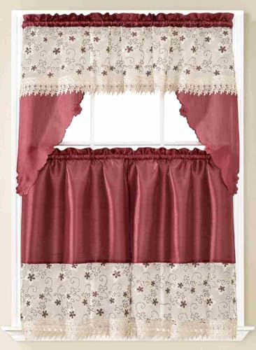 Generic 3-Piece Set Embroidered Window Curtain 2 Panels 1 Valance for Kitchen Restaurant Bar BR (Burgundy BR-01) - color: Burgundy Br-01