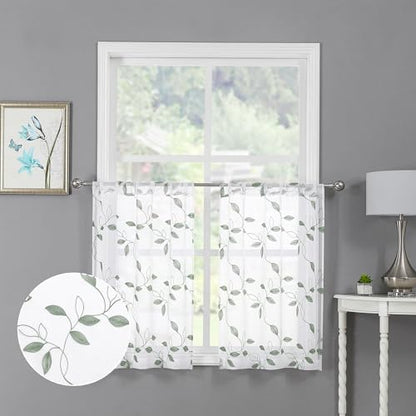 Tollpiz Sage Green Leaf Sheer Tier Curtain Kitchen 30 x 36 Inches - color: Sage Green, size: 30"W x 36"L (Pack of 2)