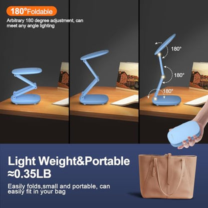 Akejrym LED Desk Lamp for Office & Home, Battery Operated, Foldable & Portable Light, 2-Fold Bracket, 3 Brightness Dimmable, Wireless Reading Lamp (Blue) - color: Blue