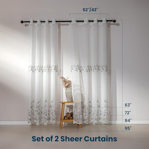 SLEEP ZONE Sheer Curtains for Living Room and Bedroom, Embroidered Sheer Curtains White Sheer Curtain 52 × 95 inches Long of 2 Panels, White Twig - color: White Twig, size: 52"W×95"L