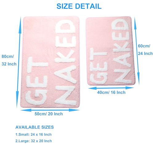 Get Naked Bath Mat, Soft Microfiber Bathroom Rug, Non-Slip TPR Backing, Ultra Absorbent Washable Bath Rug for Shower Tub Sink Bedroom Kitchen Indoor Home Decor, 32x20 Inch Pink & White - color: Pink Base & White Words, size: 31.5" x 19.7" (Rectangular)