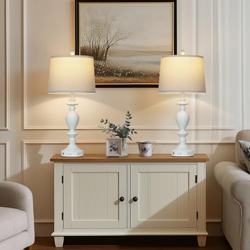 Cinkeda 28" White Farmhouse Table Lamps Set of 2 with USB C+A Ports & AC Outlet for Vintage Living Room Rustic Bedroom,3-Way Dimmable Touch Lamp Retro Resin Bedside Lamps for Nightstand Side Table - color: White-1