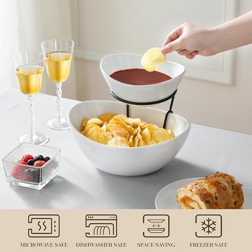 MALACASA 2 Tier Chip and Dip Serving Set with Metal Stand,Ceramic Appetizer Bowls for Party, Multi-Use Food Display for Fruits, Snacks,White Elegant Tiered Serving Dishes for Party - color: White
