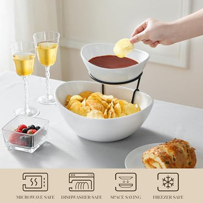 MALACASA 2 Tier Chip and Dip Serving Set with Metal Stand,Ceramic Appetizer Bowls for Party, Multi-Use Food Display for Fruits, Snacks,White Elegant Tiered Serving Dishes for Party - color: White