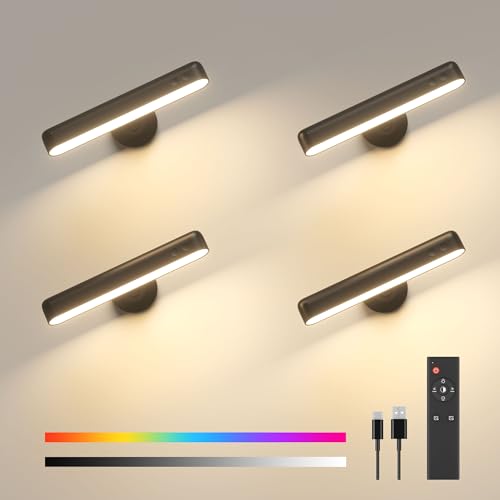PopoIron Rechargeable LED Wall Sconces 7500mAh Battery Operated Wall Lamps for Bedroom, Touch and Remote Control, 3 Colors Wall Lights 360° Rotate Dimmable Brightness with 15 RGB Colors,Black 4 Pack - color: Black-4P