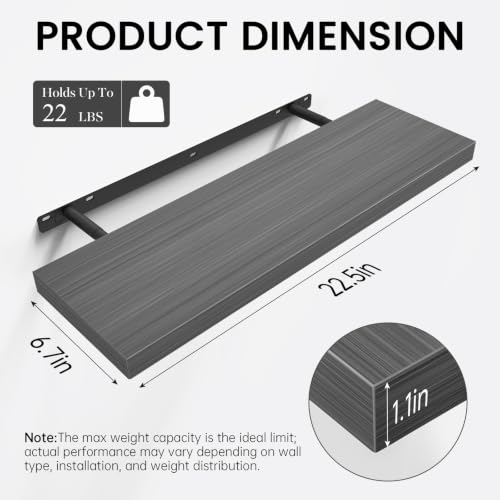 BAYKA Grey Floating Shelves 22.5in, Set of 3, Wall Mount Rustic Wood Shelf - color: F. Grey - Industrial Edge Style, size: 22.5inches