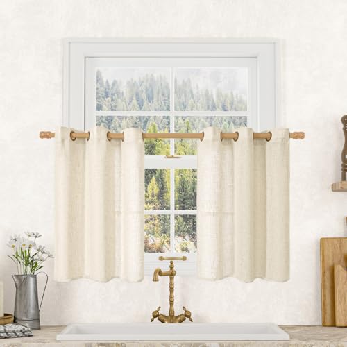 LAMIT Short Linen Window Curtains 30 Inches Long 2 Panels, 34 x 30 Inch - color: Beige, size: 34"W x 30"L (Pack of 2)