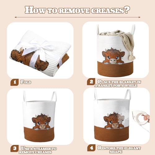 Honeydak Highland Cow Laundry Basket Brown Tall Cotton Rope Laundry Hamper - style: Highland Cow