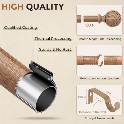 Curtain Rod 36-60 Inch, Boho Wood 1 Inch Curtain Rods for Windows - color: Natural Wood, size: 36''-60'' (1 Pack)