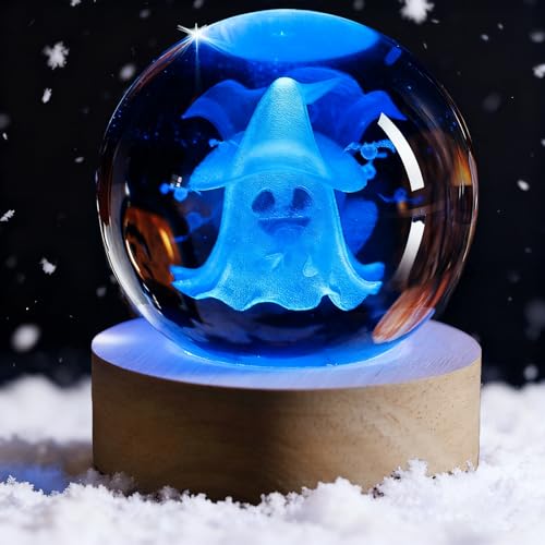 3D Ghost Crystal Ball Night Light,2.36inch Laser Engraved Led Light with Wooden Base, Gifting Box for Birthday Xmas Cool Figurines Gifts for Halloween Room Decor Boys Girls - color: Blue