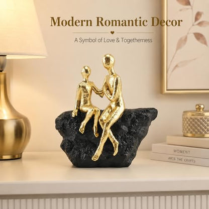 Gold Abstract Couple Sculpture, Romantic Love Statue with Black Base