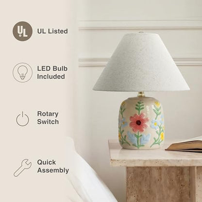 Abani Rosalie Floral 19” Table Lamp – Cream Ceramic Base with Wheat Linen Cylinder Shade, E26 2-Way Bulb Included – Elegant Bedside Lamp for Bedroom, Living Room, Entryway or Nightstand