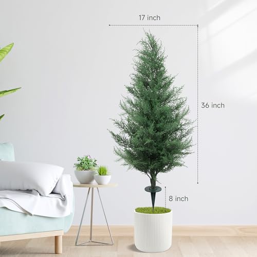 36Inch Artificial Trees for Outdoors,Artificial Cedar Shrubs for Porch with Lights,Faux Cedar Trees Set of 2 for Outdoor/Indoor Decor Greenery Around The Year - size: 3ft
