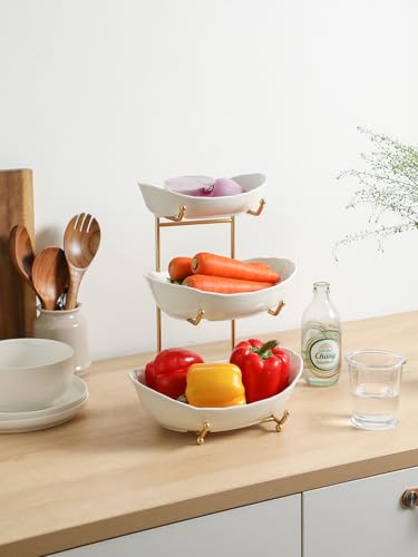 Kanwone Fruit Bowl for Kitchen Counter - 3 Tier with No Assembly Gold Stand & White Ceramic Bowls, Tiered Fruit Basket for Storage, Vegetables, Cake Display, Party Serving & Home Decor - size: 3 Tier