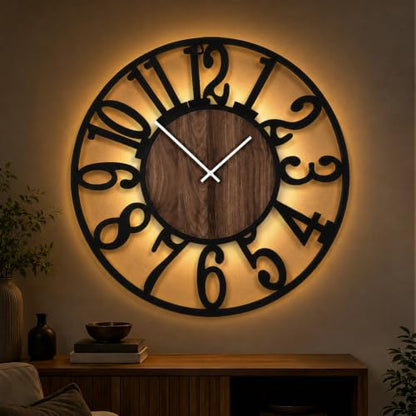 30" Silent Large Wall Clock – Glow Night Light, Battery Operated - color: Black Walnut - Arabic Numerals, size: 30 inch